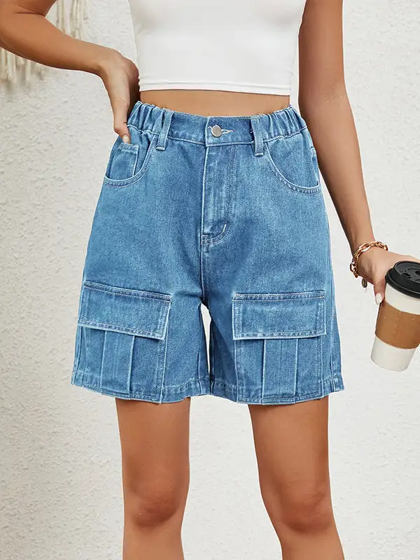 Denim Shorts Met Hoge Taille Losse Elasticiteit Zakken