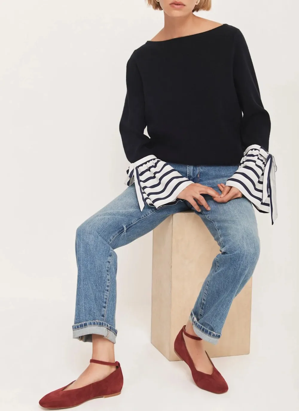 Casual Style Navy Cotton Striped Cuff Jumper