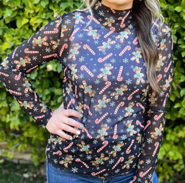 Candy Cane Gingerbread Mesh Top