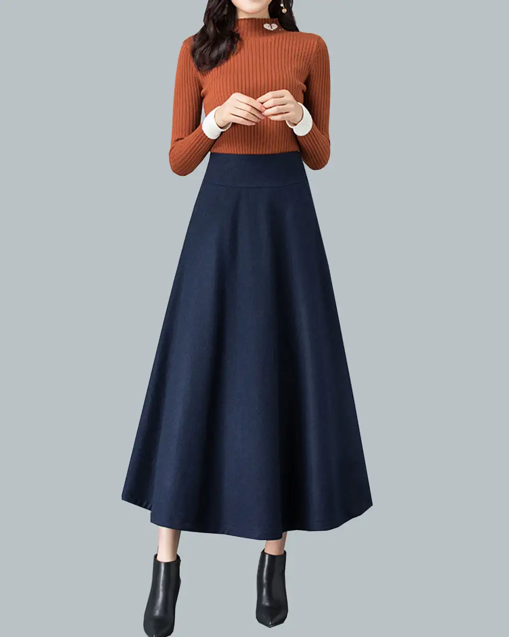 Relaxed Pleated Wool Flared Midi Skirt