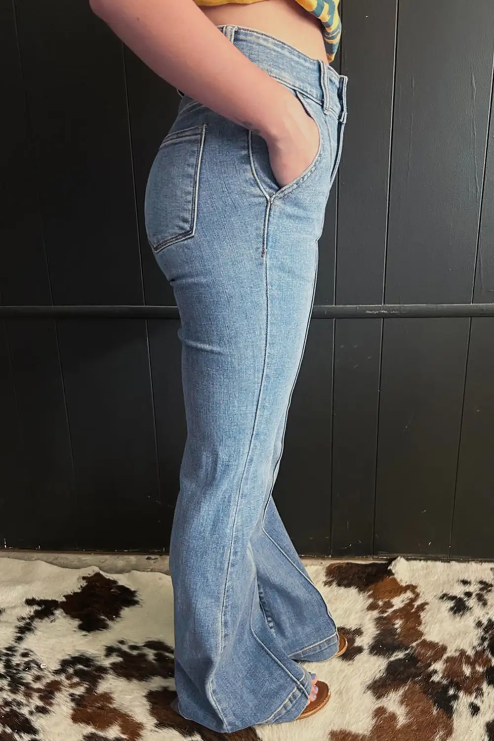 Button High Waist Piping Trim Bootcut Jeans