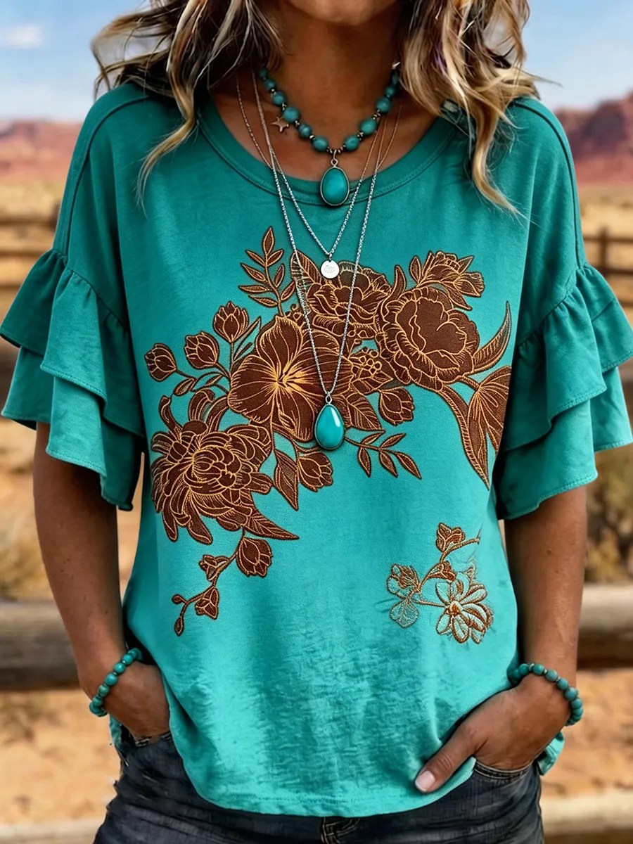 Women's Ombre Floral Embroidered Ruffle Sleeve Western Top