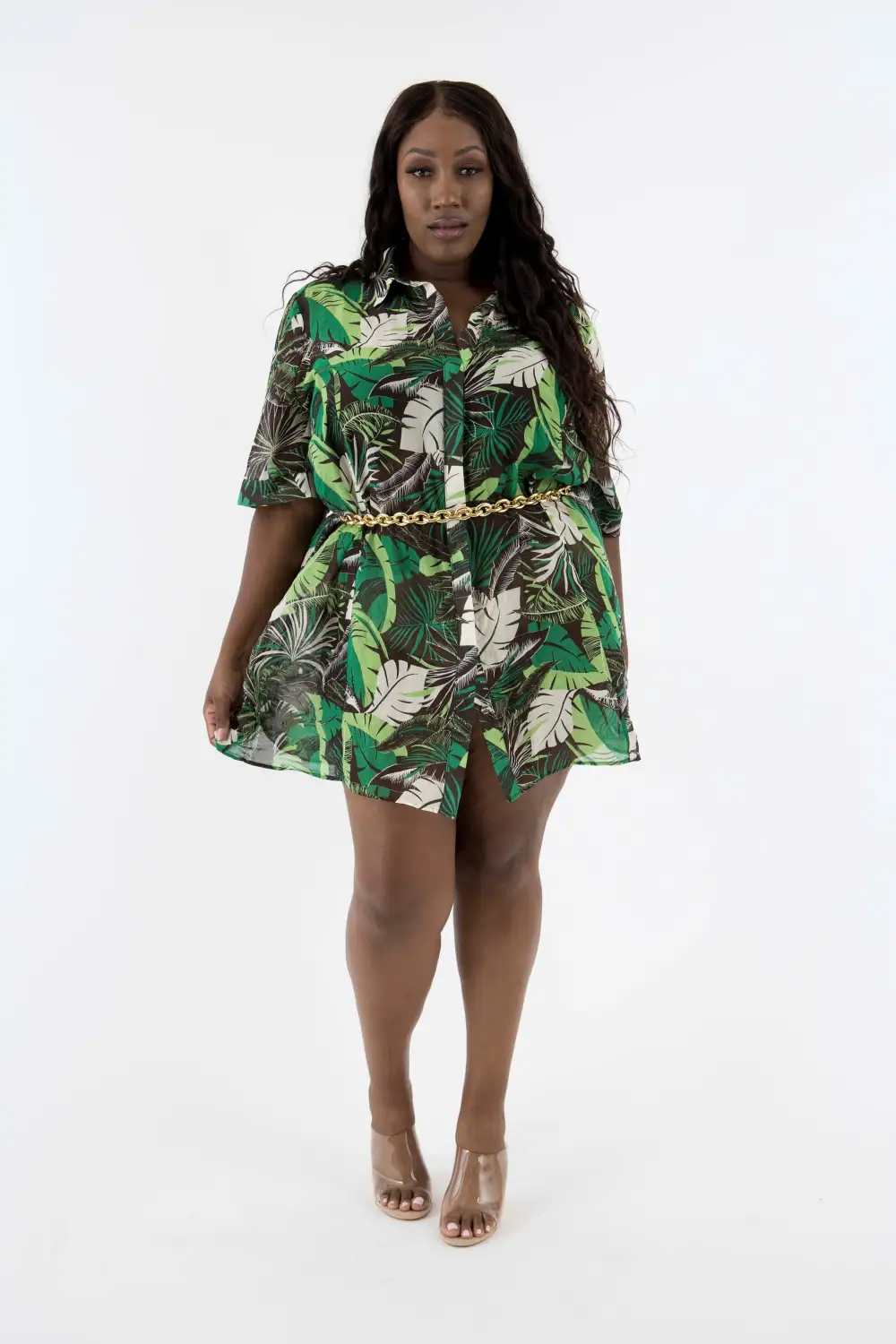 Silk/cotton voile Palm Print button up dress