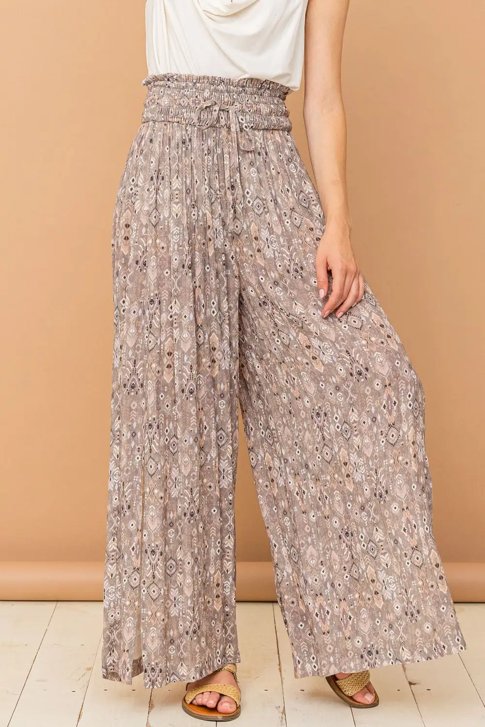 Wide Leg Smocked Trousers