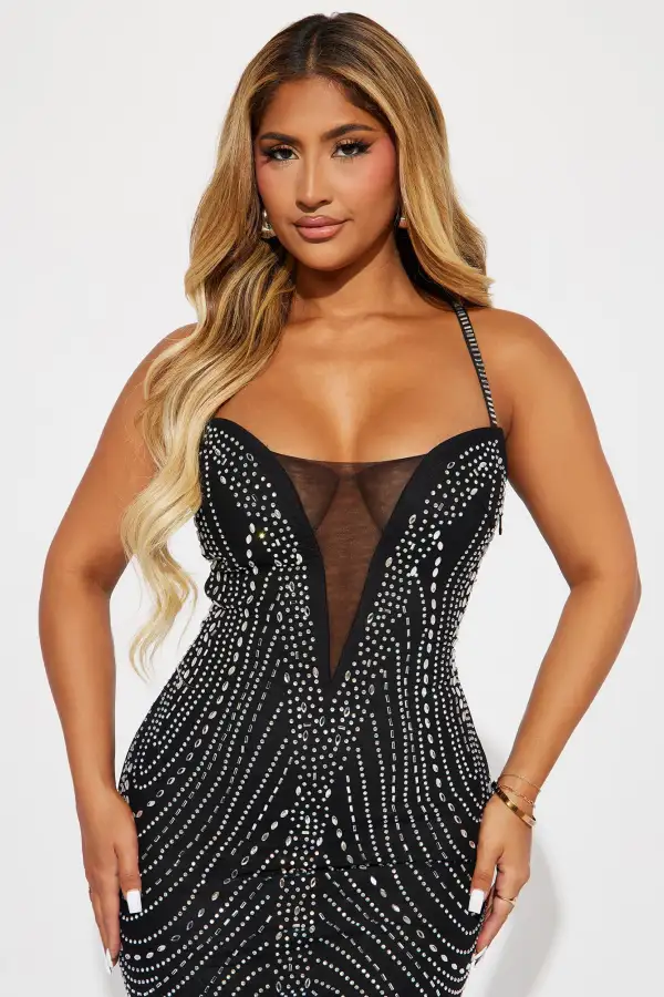 Dazzling Embellished Midi Dress - Black
