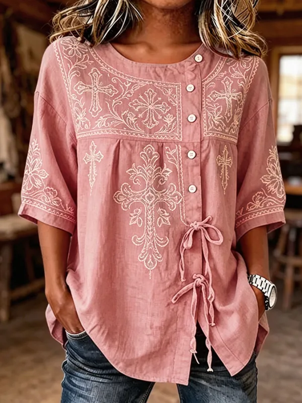 Women's Turquoise Cross Embroidered Tie Waist Western Linen Blouse