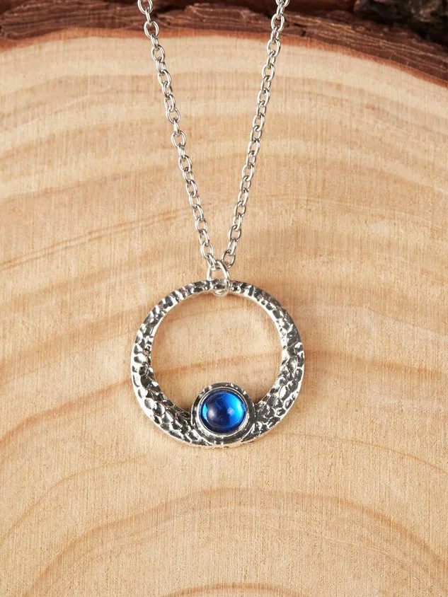 Vintage Silver Blue Crystal Geometric Embossed Necklace Ethnic Boho Jewelry