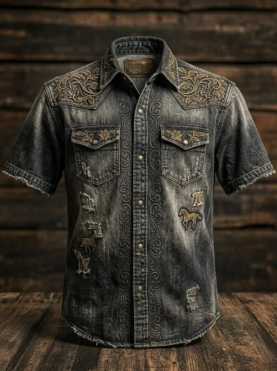 Men's Western Cowboy Horse Floral Embroidered Printed Shirt