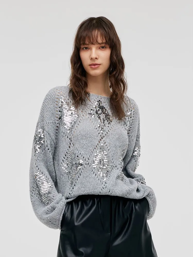 Mohair Argyle Sequins Pullover Women Sweater