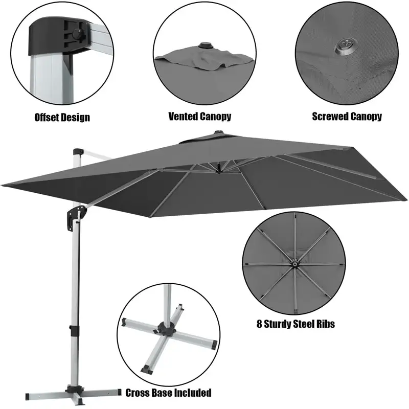 10 Ft Square Offset Patio Cantilever Umbrella with 360 Degree Tilt