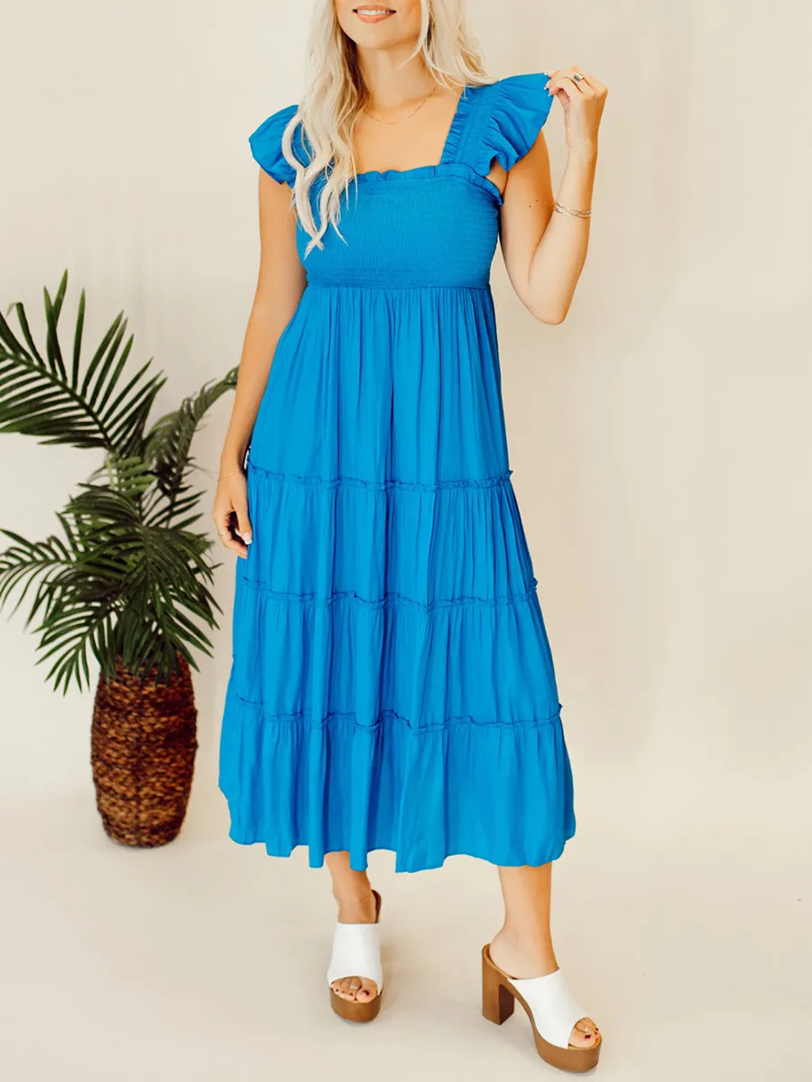 Blue pleated ruffled mid length dress