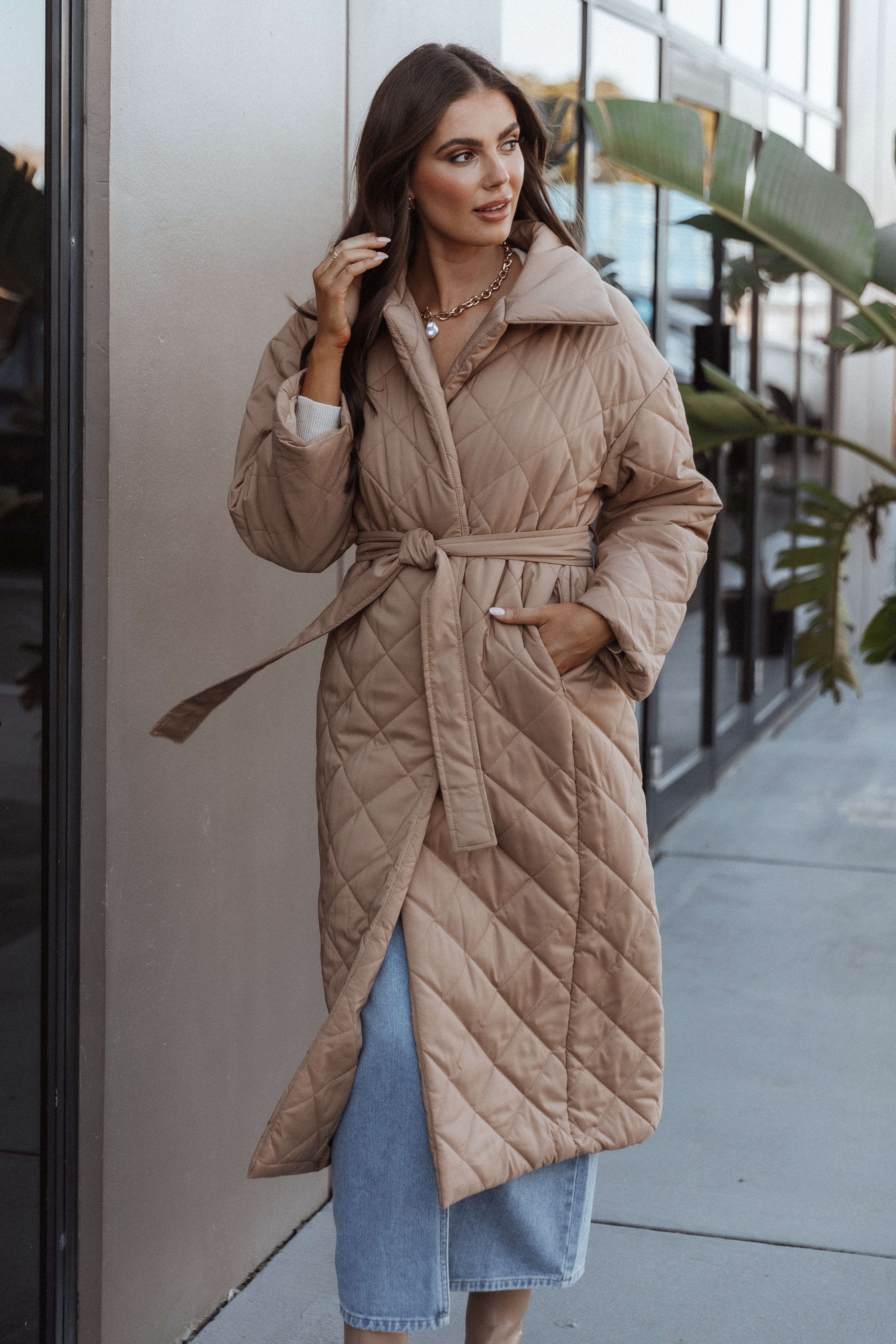 Kallie Quilted Tie Front Coat - Camel