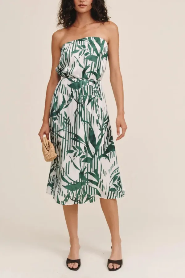 Strapless Tie Waist Drawstring Midi Dress