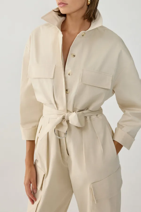 Long Sleeve Jumpsuit-Beige