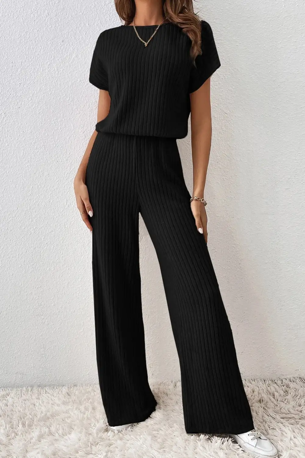 Relaxed Ribbed Short Sleeve Wide Leg Jumpsuit