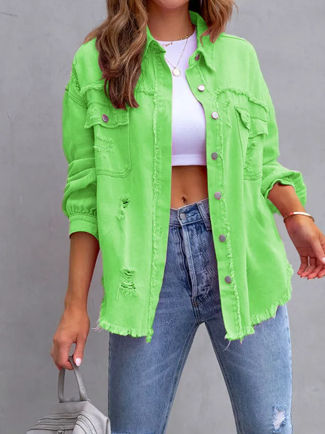 Shawl Collar Long Sleeve Plain Ripped Regular Loose Denim Jacket For Women