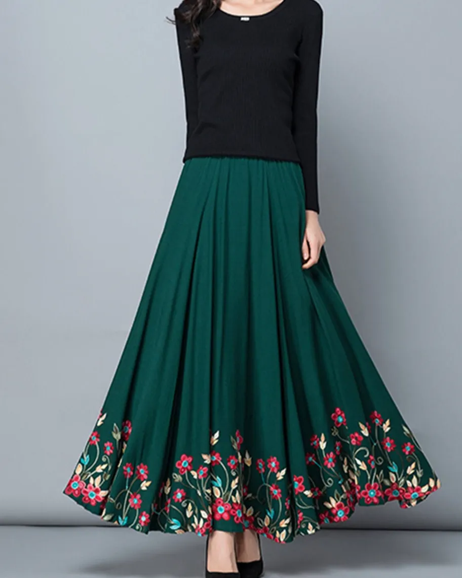 Relaxed Embroidered Cotton A Line Maxi Skirt