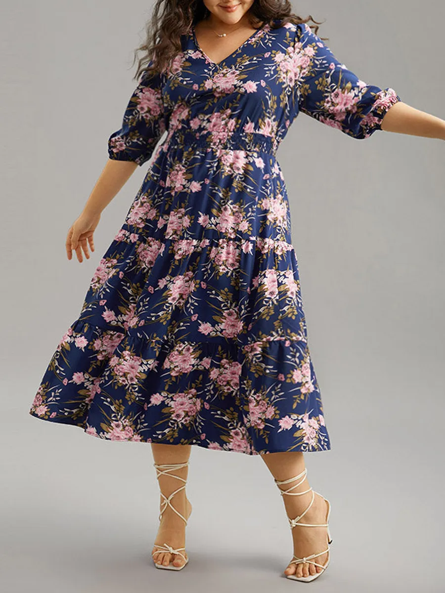 Elegant senior waist V-neck floral dress