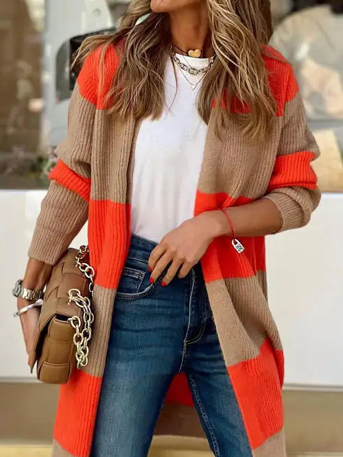 Contrast Open-Front Long-Sleeve Cardigan