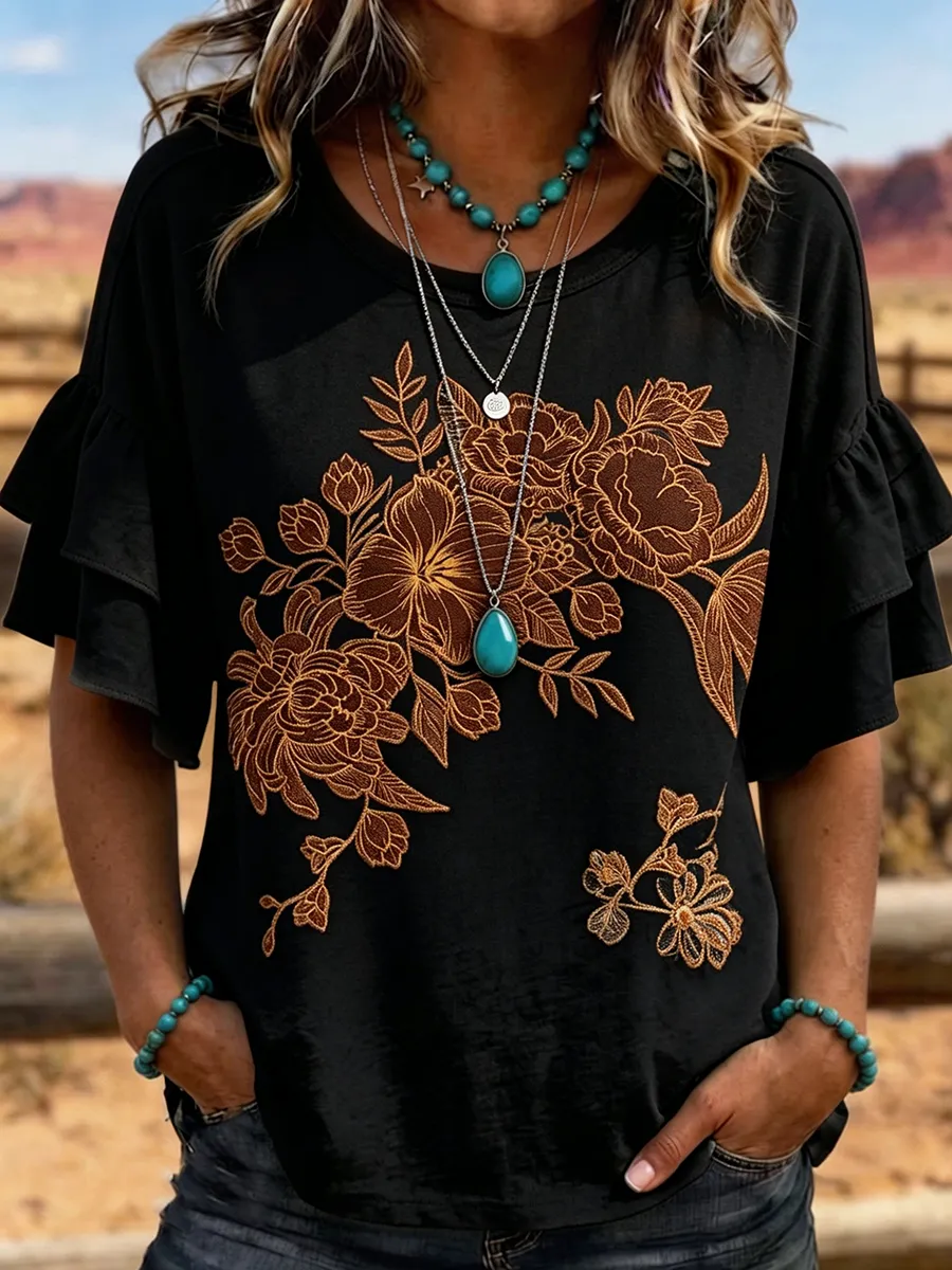 Women's Ombre Floral Embroidered Ruffle Sleeve Western Top