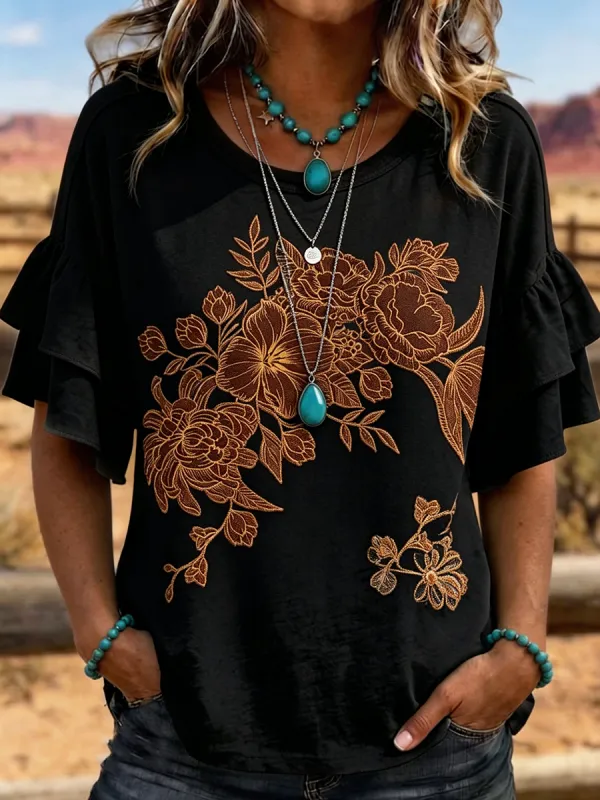 Women's Ombre Floral Embroidered Ruffle Sleeve Western Top