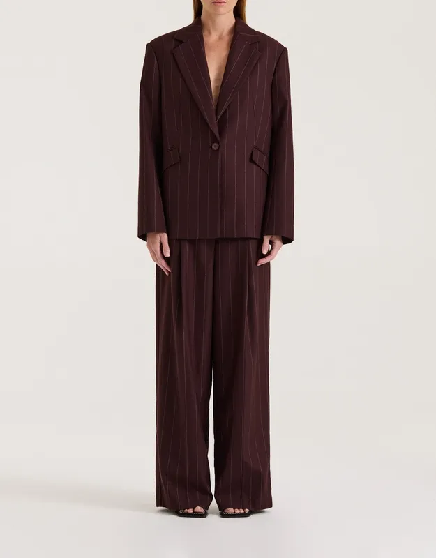 Burgundy Pinstripe Oversized Single-Breasted Blazer
