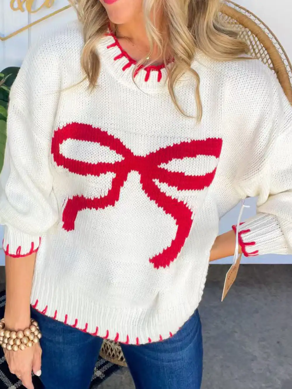 Bow Round Neck Long Sleeve Sweater- Ships 11/22