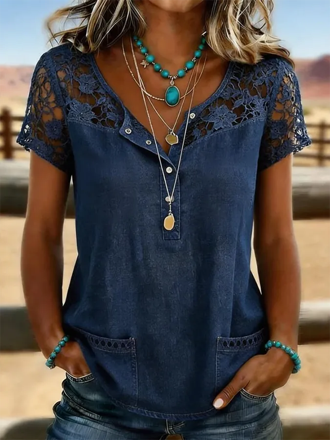 Women's Vintage Print Casual Hollow-Out Denim Shirt