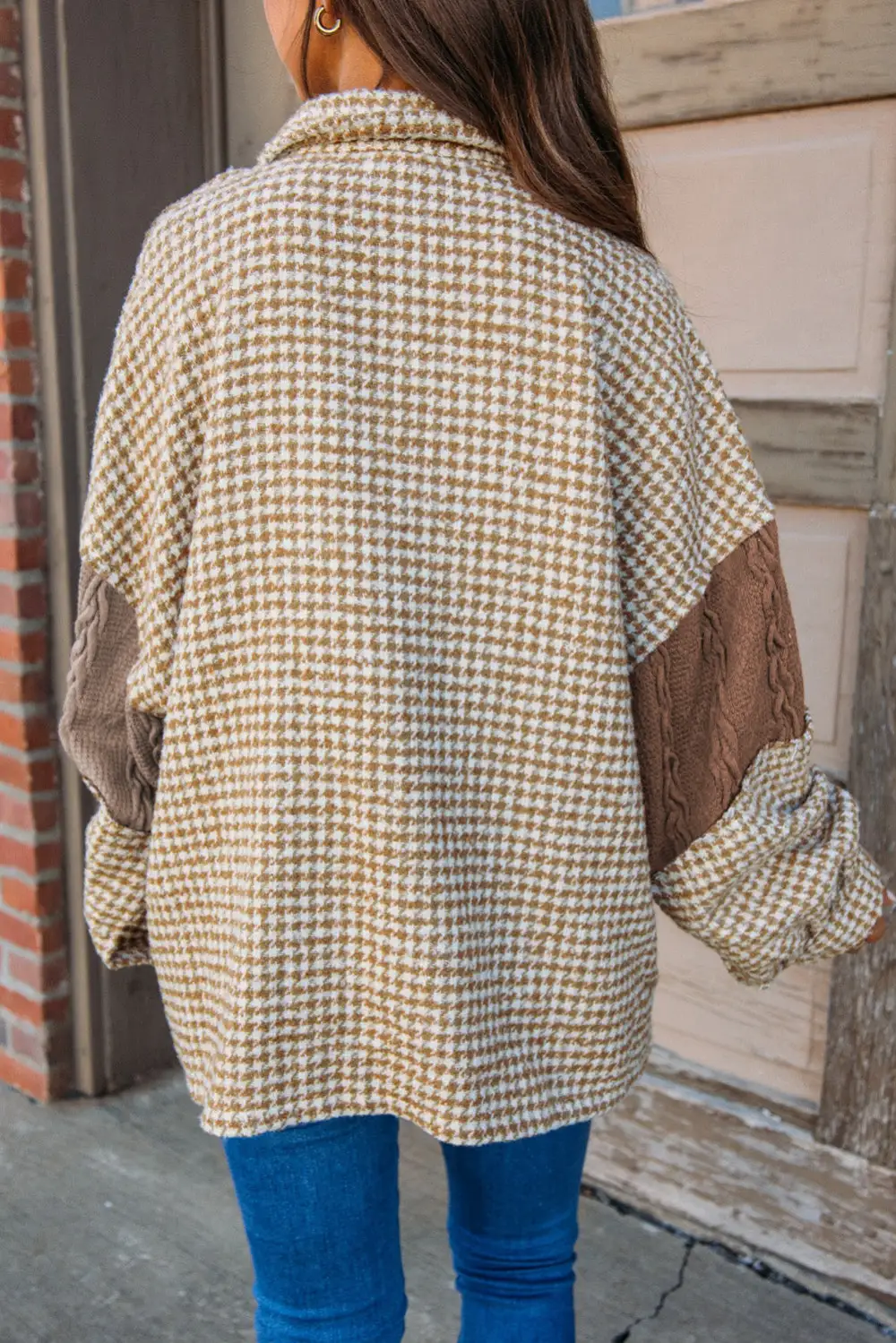 Houndstooth Contrast Textured Patchwork Loose Shirt Jacket Color