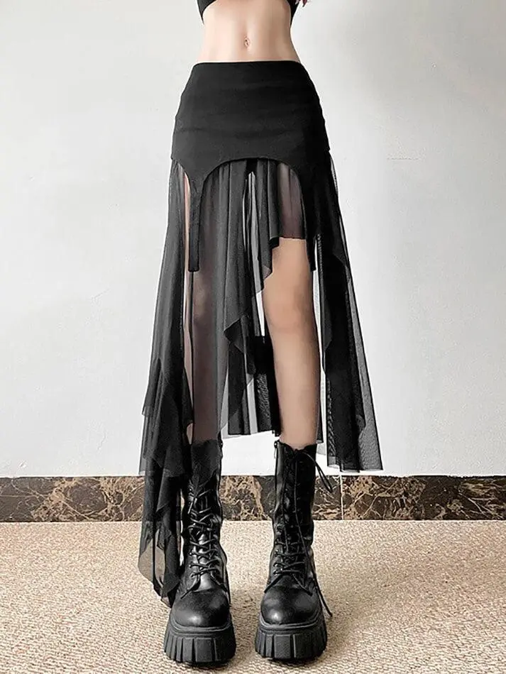 Goth Asymmetric Mesh Mini Skirt