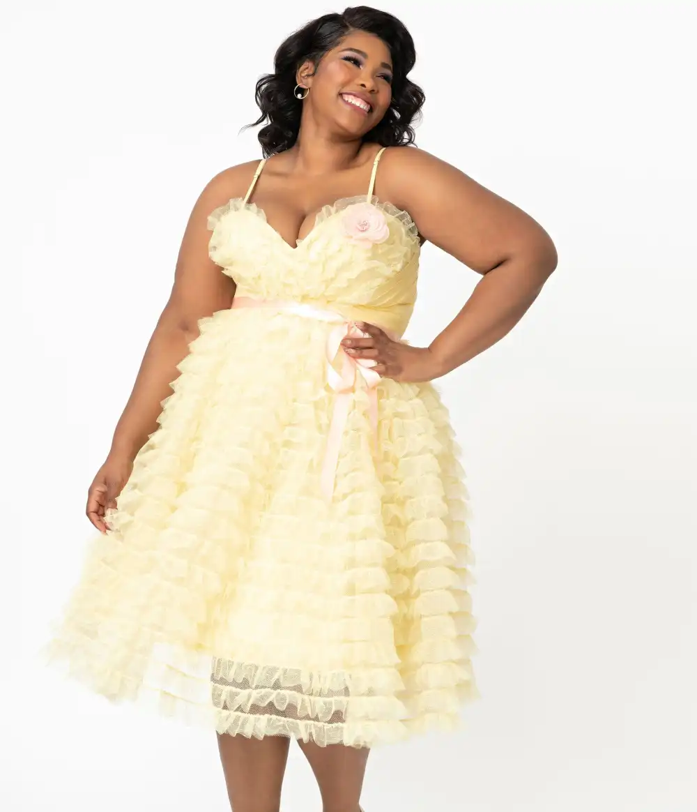 Unique Vintage Plus Size 1950s Yellow Tulle Cupcake Swing Dress