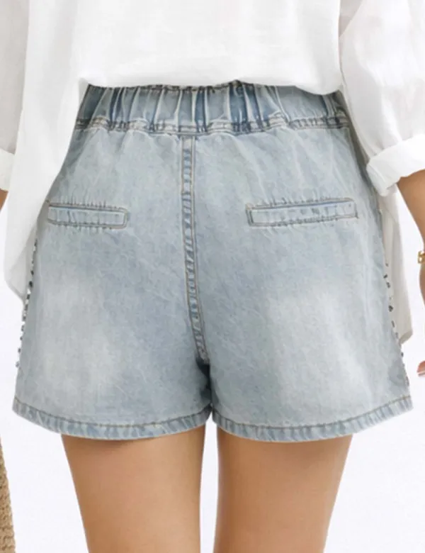 Rhinestone Star Drawstring Denim Shorts