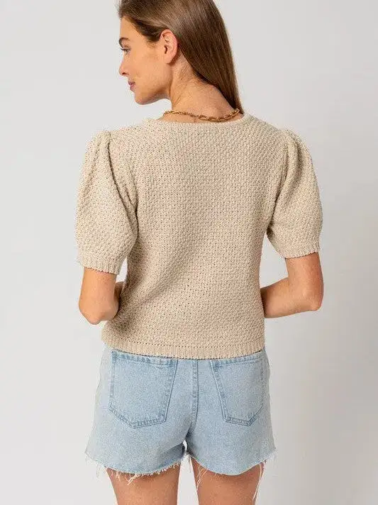 Brown Sugar Oatmeal Puff Sleeve Textured Sweater Top