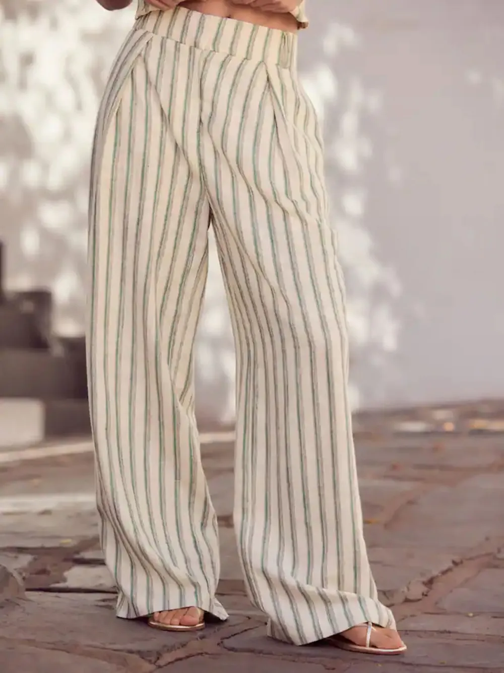 Striped Elastic Wide-Leg Pants With Linen