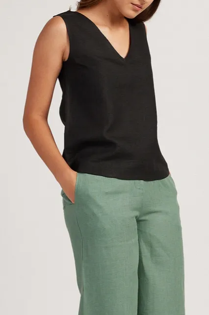 Black Linen V-Neck Tank