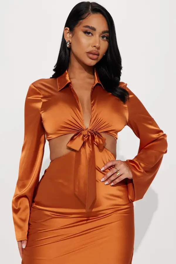 Office Party Satin Midi Dress - Copper