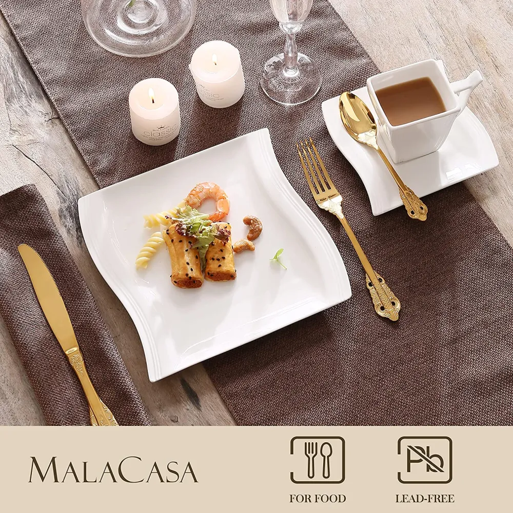 MALACASA Ivory White Dinnerware Sets, 60-Piece Square Dish Set for 12, Porcelain Dishes with Dinner Plates, Dessert Plates and Soup Plates, Cups and Saucers, Modern Dinnerware Oven Safe, Series Flora