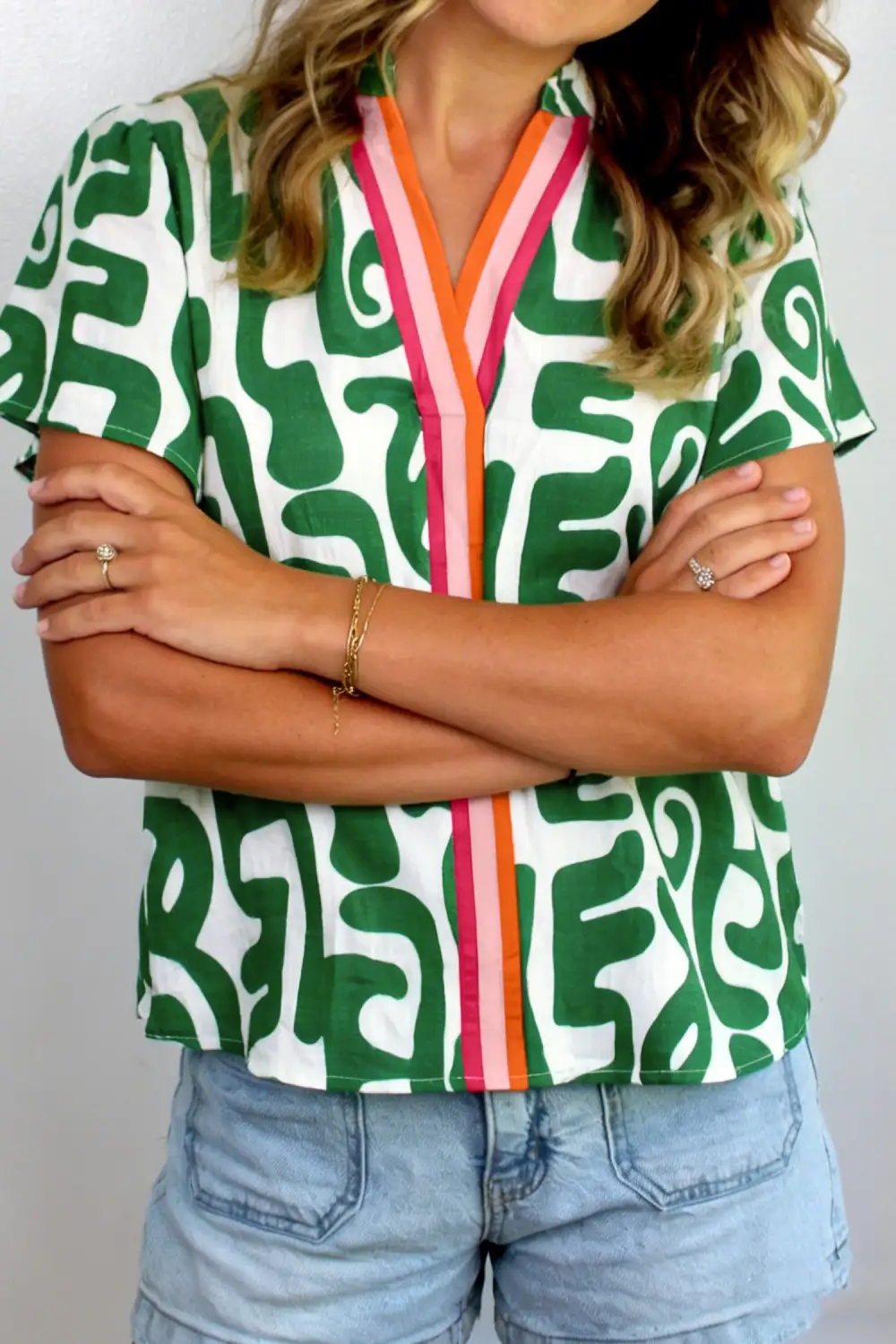 Green Abstract Print Striped Trim V Neck Short Sleeve Blouse