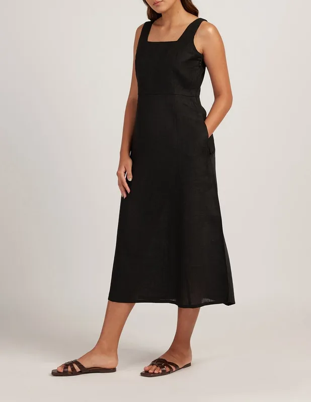 Black Linen Square-Neck Midi Dress