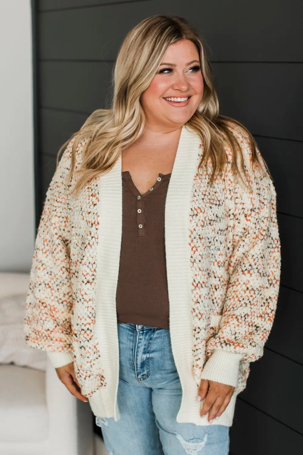 As Sweet As Pumpkin Pie Knit Cardigan- Ivory, Mocha & Orange