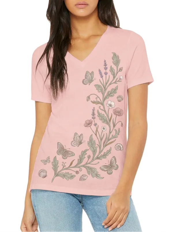 Women's Nature Lover Butterfly Floral Seashell Printed V-neck T-shirt
