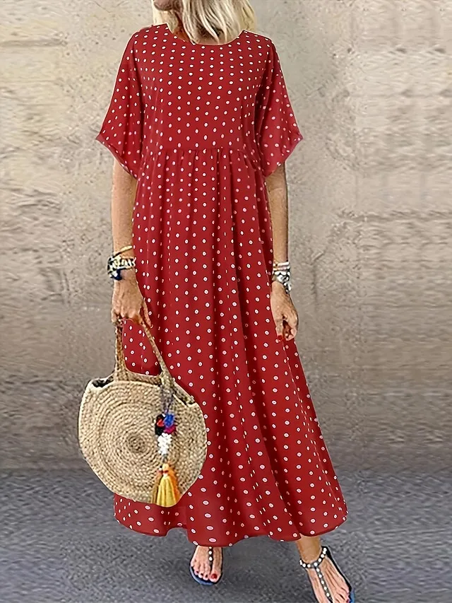 Women's Plus Size Curve Casual Dress Polka Dot Long Dress Maxi Dress Short Sleeve Crew Neck Fashion Outdoor Yellow Red Summer XL 2XL 3XL 4XL 5XL