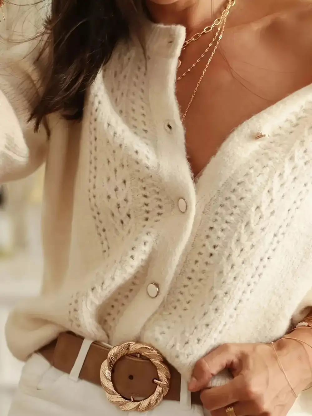 Button Down Eyelet Long Sleeve Cardigan