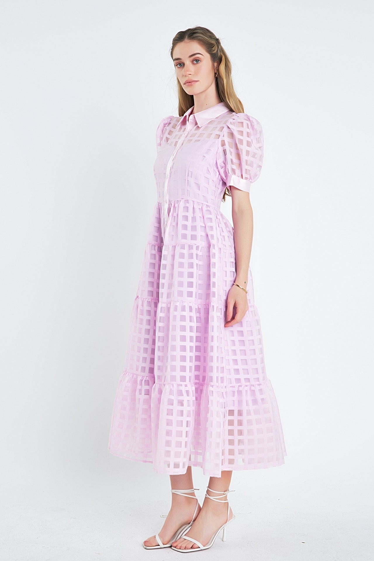 Gridded Organza Tiered Maxi Dress