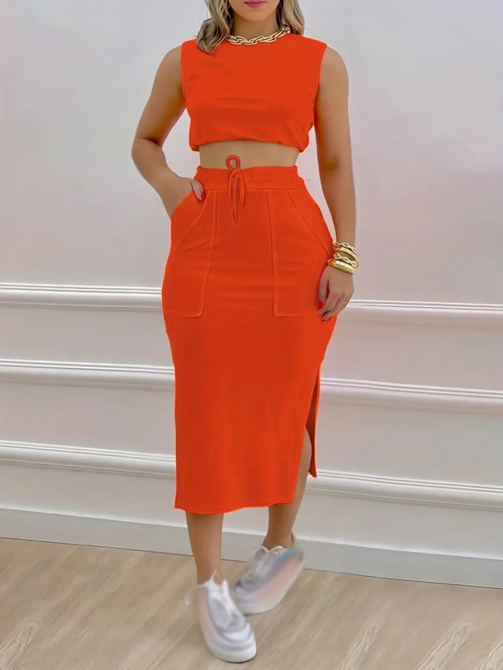 Drawstring Skirt Set: Effortless Summer Style (Tank Top, Split Detail)