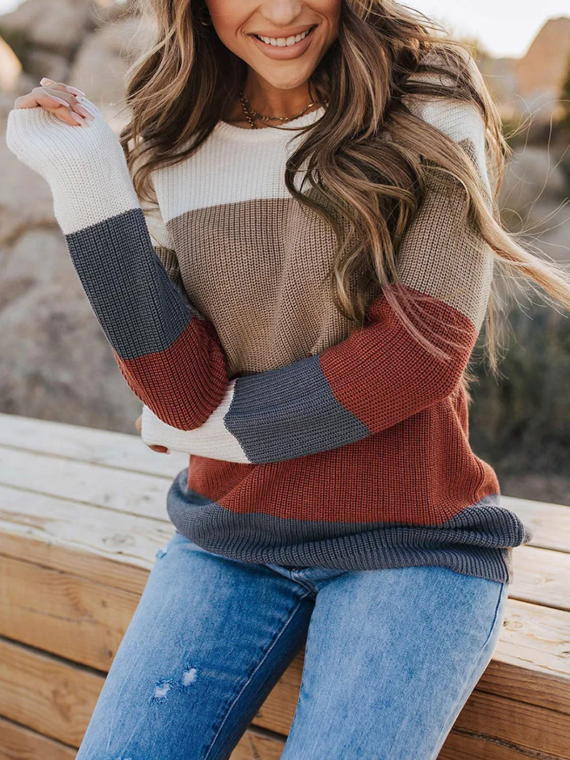 Color Block Knitted O-neck Pullover Sweater