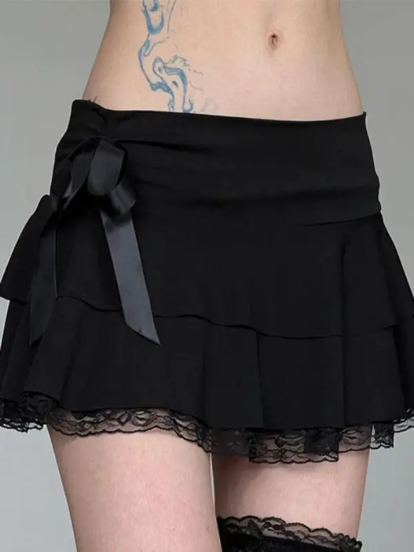 Bow Lace Panel Low Rise Tiered Mini Skirt
