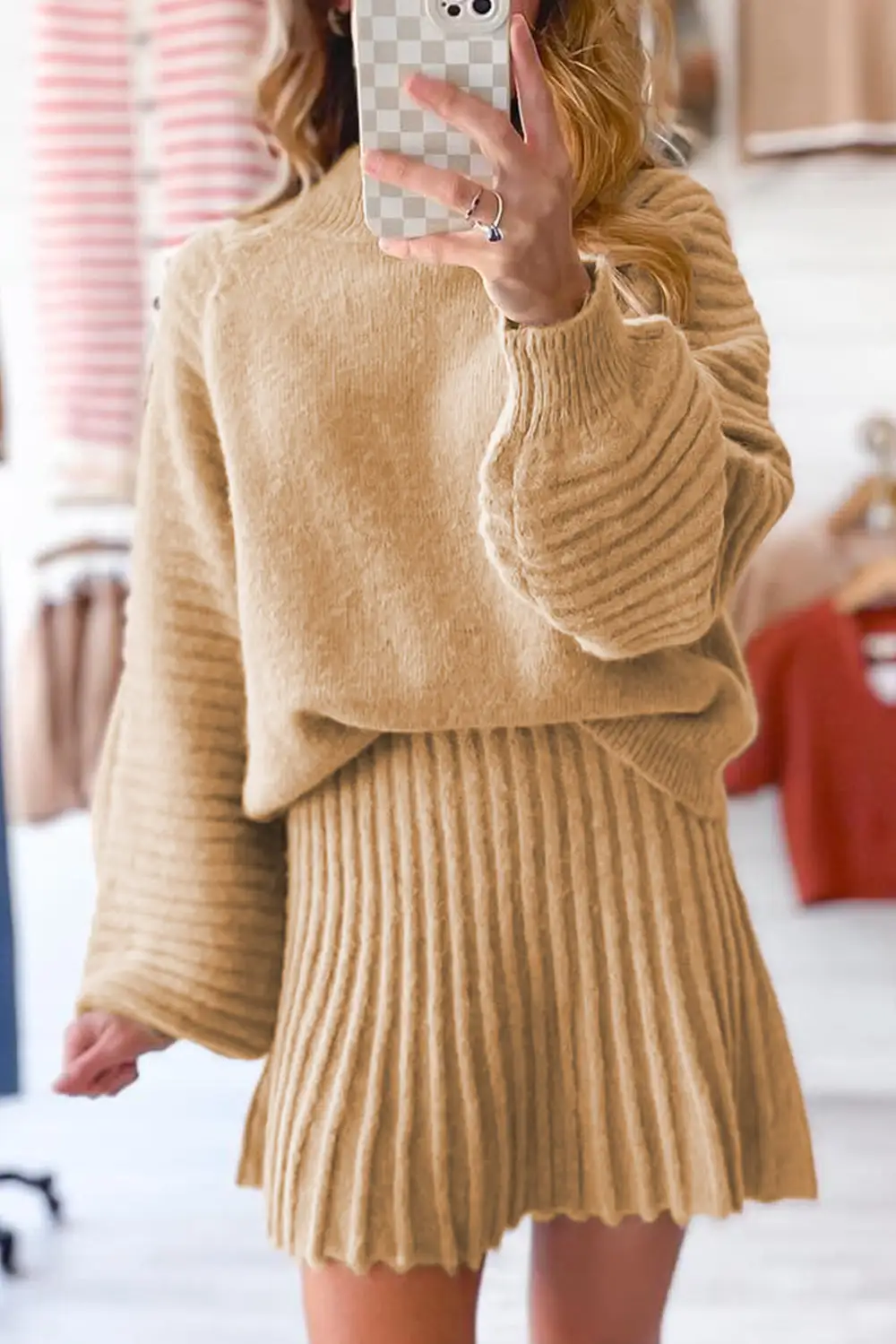 Plain Neck Puff Sleeve Detail Sweater