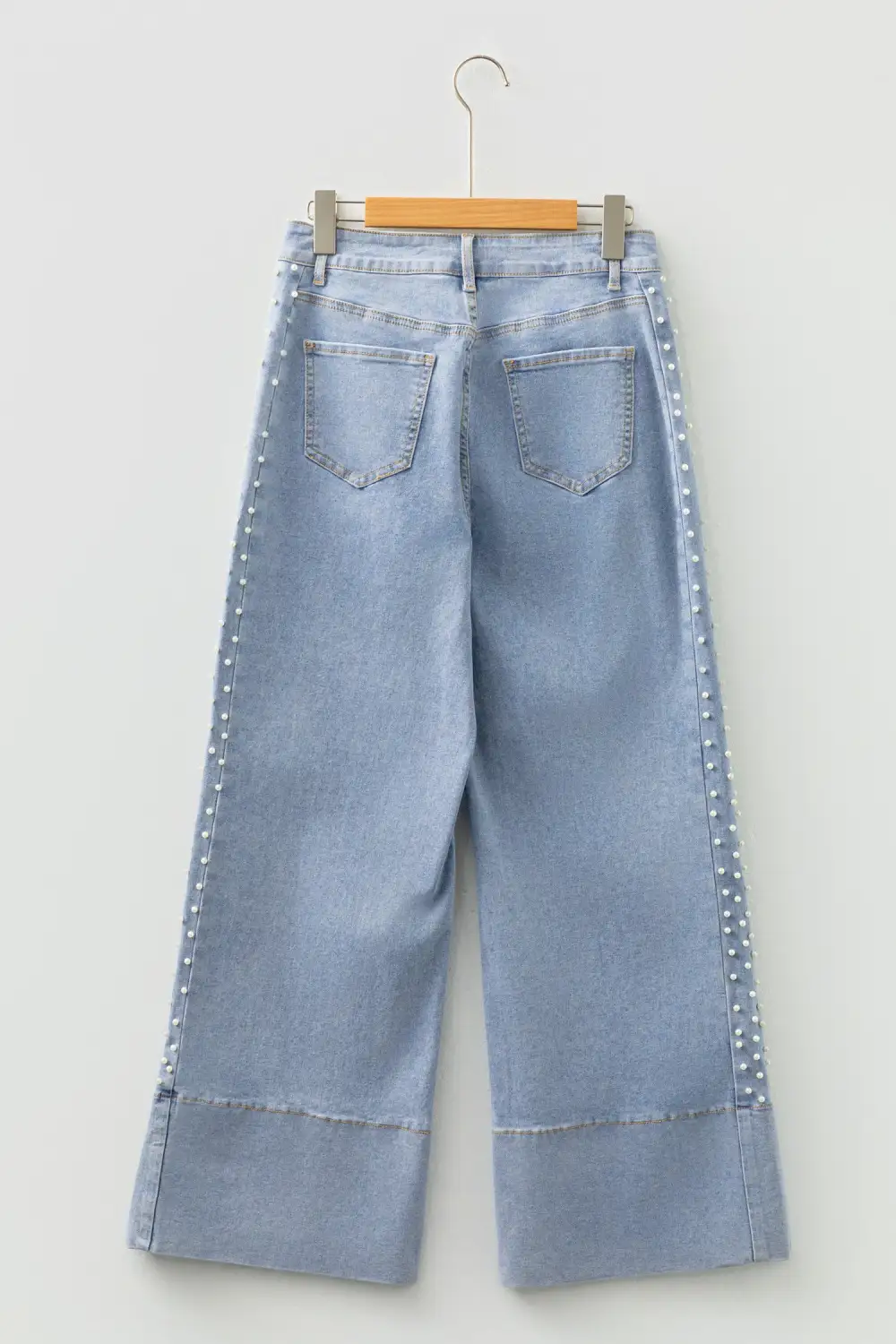 Mid Rise Pearl Embellished Split Wide Leg Jeans