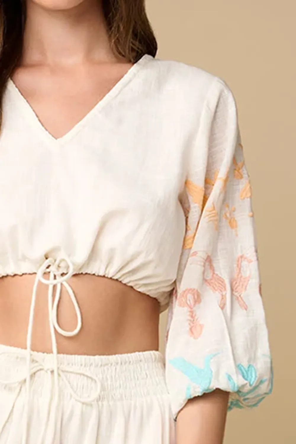 White And Pastel Colored Embroidered Crop Top